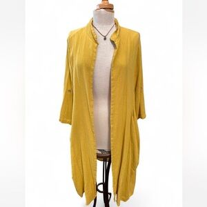 GIGI MODA Italy Mustard Yellow Textured Linen Cotton Duster Cardigan Pockets O/S